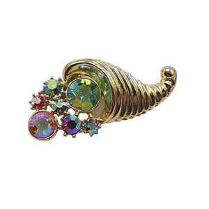 Cornucopia Aurora Borealis Rhinestone Brooch Pin Gold Tone Vintage